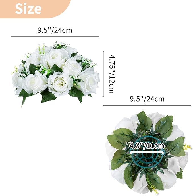 NUPTIO Pcs of 6 Fake Flower Ball Arrangement Bouquet,15 Heads Plastic Roses with Base, Suitable for Our Store's Wedding Centerpiece Flower Rack for Parties Valentine's Day Home Décor (Pure White)