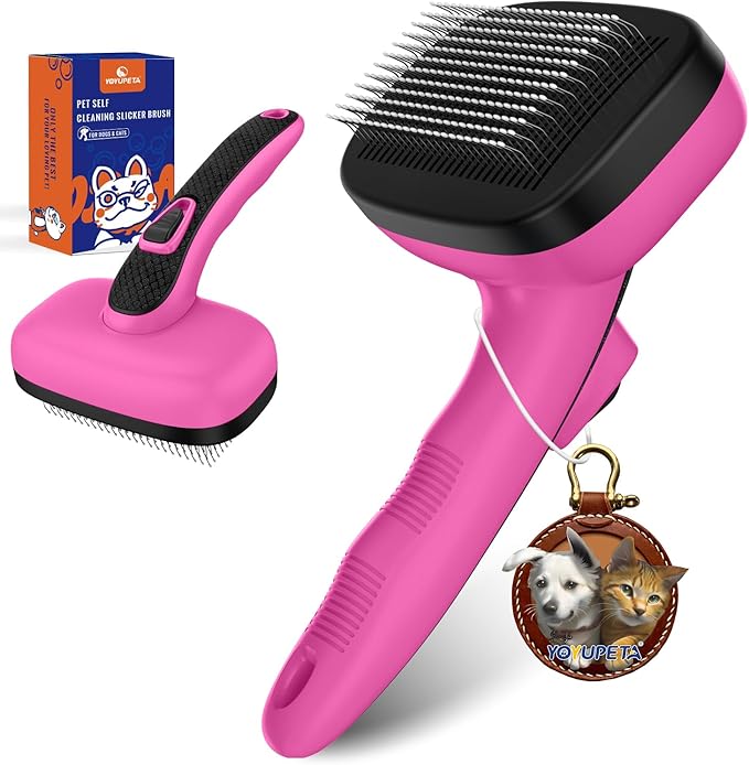 Dog Brush for Shedding & Grooming, Self Cleaning Slicker with Retractable Pins for Short & Long Haired Dogs & Cats. Removes Loose Fur, Undercoat, Mats & Tangles. Fits Large, Small Pet. Pink-Mewly Pet