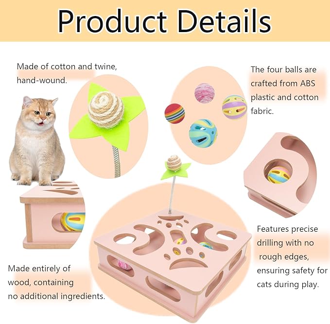 Interactive Wooden Cat Puzzle Toy Box Indoor Hunting Play Toy to Stimulate Your Cat’s Energy and Instincts (Pink)-Mewly Pet