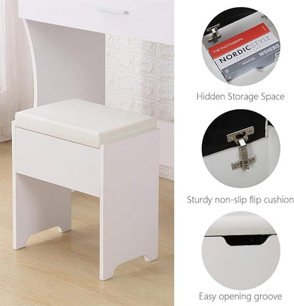 Vanity Table Set with Lighted Mirror - Makeup Vanity with Lights, Adjustable Brightness, Large Drawer Sturdy Wood Vanity, White 80x40x140cm