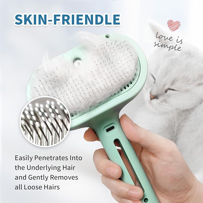Steam Pet Brush for Shedding, 3 In 1 Self Cleaning Anti-Static Steamy Hair Brush, Reduces Loose Hair and Shedding for Long and Short Hair Pets Grooming, Green-Mewly Pet