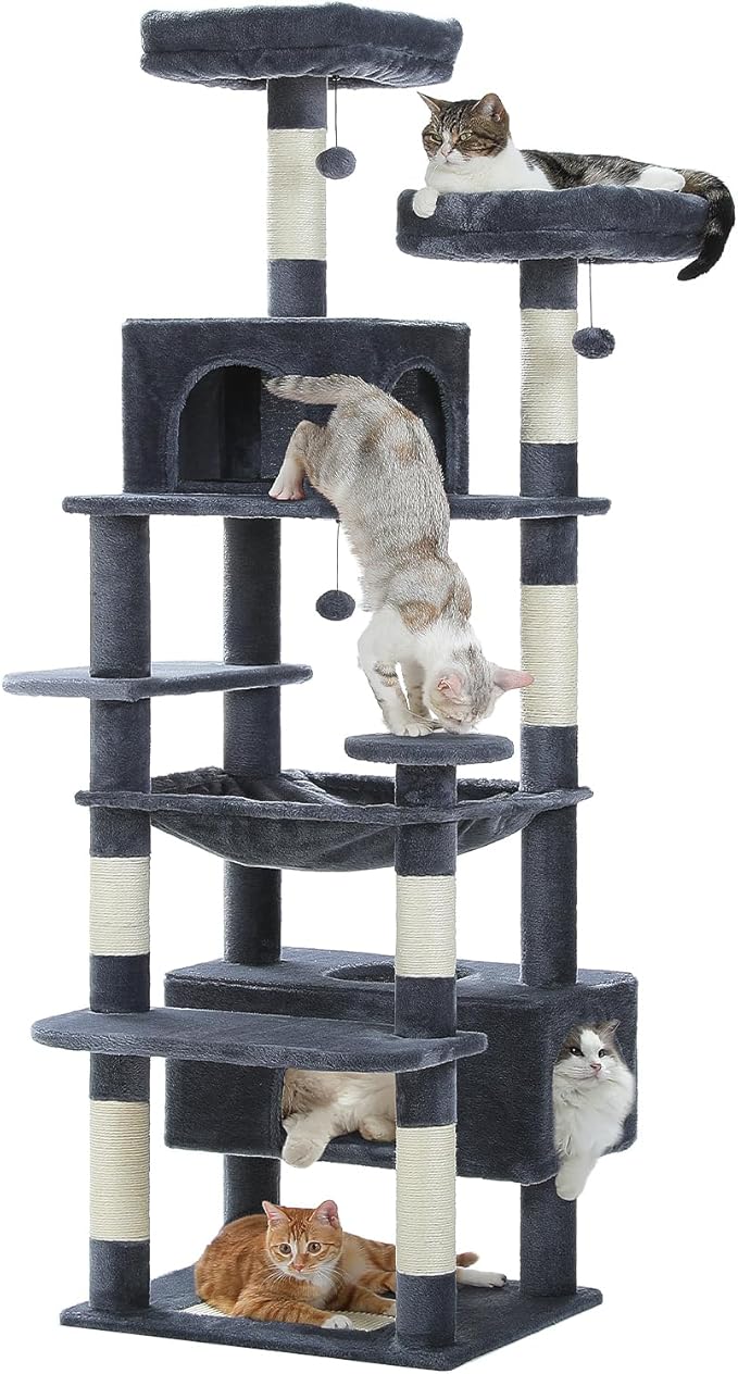 PAWZ Road Large Cat Tree, 72 Inches Cat Tower for Large Cats, Cat Condo with Sisal-Covered Scratching Posts and Pads, 2 Padded Perch, Dual Condo and Basket for Indoor Cats-Dark Gray-Mewly Pet