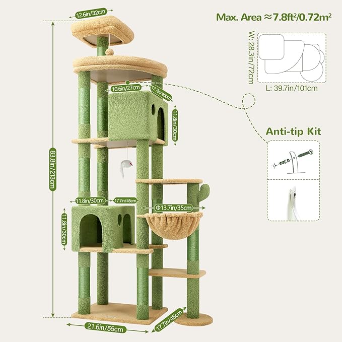 Globlazer Cactus Giant Cat Tree, 83 inch Cat Tree for Indoor Cats Large Adult, XXL Cat Tower with 9 Scratching Posts for 20lb+ Heavy Duty Large Adult Cats, F83, Green-Mewly Pet