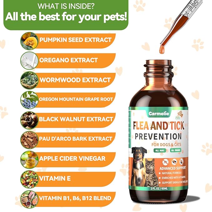 Oral Flea and Tick Support for Dogs and Cats, Natural Dog Flea and Tick Defense, Cat Flea Drops Supplements with Vitamin for Pets - All Breeds and Ages - Bacon-Mewly Pet