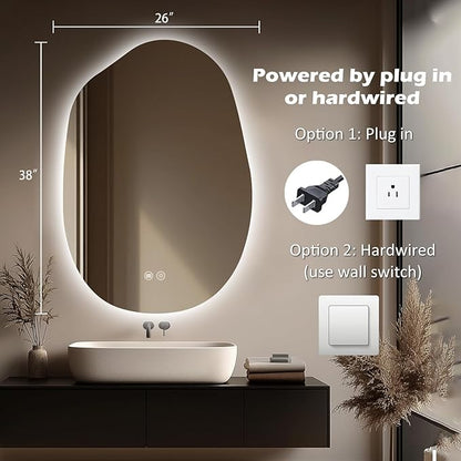LED Bathroom Mirror with Lights 26x38, Stepless Dimmable Irregular Backlit Mirror with 3 Colors, Anti-Fog, Memory, Al-Alloy Lampshade, Frameless Vanity Mirror for Bathroom (Horizontal/Vertical)