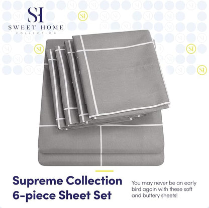 King Size Bed Sheets - 6 Piece 1500 Supreme Collection Fine Brushed Microfiber Deep Pocket King Sheet Set Bedding - 2 Extra Pillow Cases, Great Value, King, Window Pane Gray