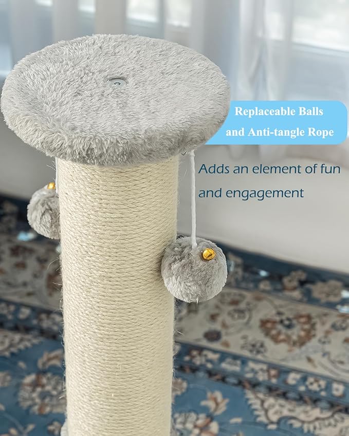 Kilodor 34Inch Tall Cat Scratching Post,4.3Inch Diameter Large Sisal Cat Scratch Post with Ball, Sturdy and Durable Cat Scratcher for Indoor Cats Adults Grey-Mewly Pet