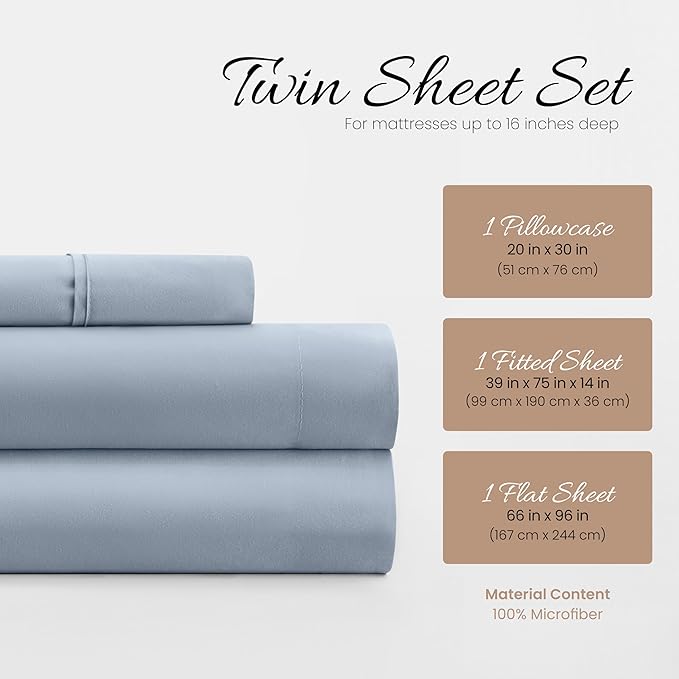Linen Market Double-Brushed Microfiber Twin Sheet Set 3 Piece – Oeko-TEX Certified Ultra Soft & Wrinkle-Free - 16" Deep Pocket Sheets - Easy Care Twin Size - Light Blue