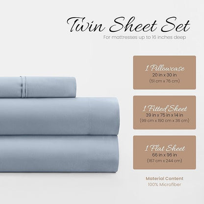 Linen Market Double-Brushed Microfiber Twin Sheet Set 3 Piece – Oeko-TEX Certified Ultra Soft & Wrinkle-Free - 16" Deep Pocket Sheets - Easy Care Twin Size - Light Blue