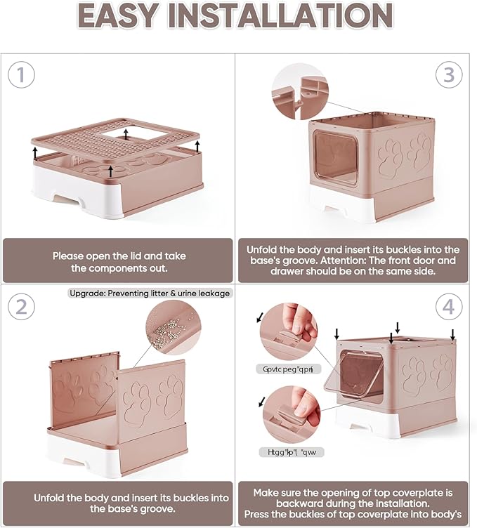 Cat Litter Box with X-Large Litter Mat and Scoop, Large Foldable Litter Box with Lid, Enclosed Kitty Box,Front Top Entry Exit, Odor Control Easy to Clean (Upgrade Coffee)-Mewly Pet