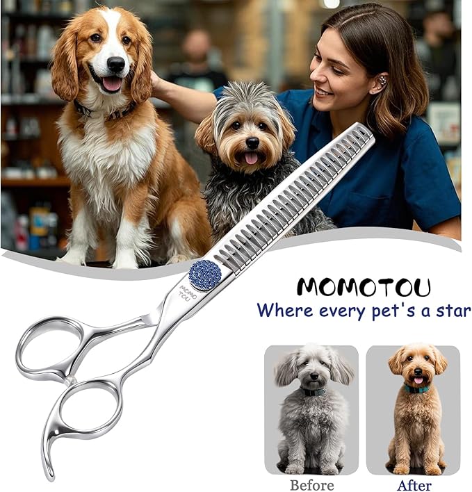 7'' Dog Grooming Scissors CNC 440C Blades Sharp and Durable Polished Chunker Dog Shears with Blue Diamond Adustable Screws Easy to Use for Groomer and Home User-Mewly Pet