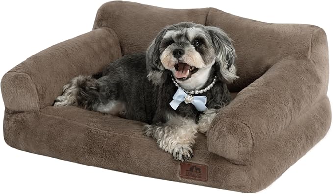 Hollypet Fluffy Plush Pet Sofa Soft Calming Pet Sofa Beds for Medium Small Cats and Dogs, Dark Brown-Mewly Pet