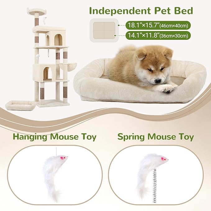 Globlazer Heavy Duty Cat Trees for Large Cats, Sturdy 72in Maine Coon Cat Tree for Large Cat 20 lbs+ Heavy Duty Cat Tower for Adult Biggest Cats with 6 Scratching Posts, Hammock, S72, Beige-Mewly Pet