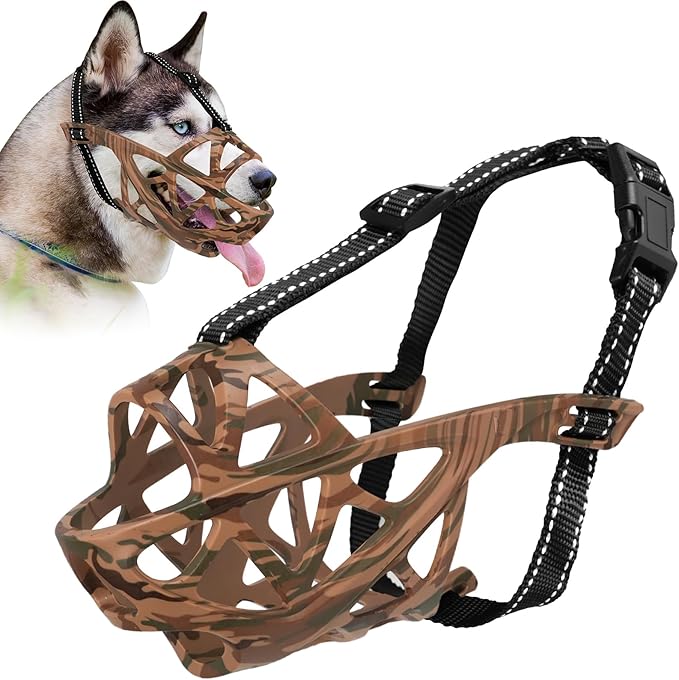 Dog Muzzle for Large Dogs, Breathable Basket Muzzles for Small, Medium and X-Large Aggressive Dog, Allows Panting Drinking, Suitable for Grooming Trimming Training (Camouflage Brown, S)-Mewly Pet