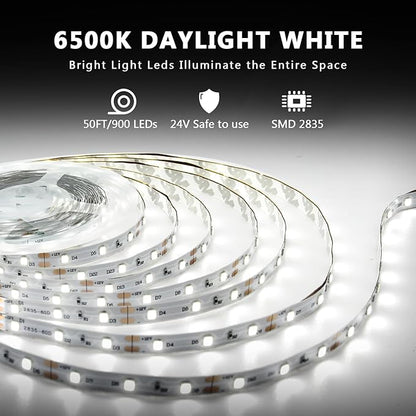 dalattin White LED Strip Lights 50ft Dimmable Bright 24V Led Light Strip 6500K Daylight White 900 LEDs Lights for Bedroom, Mirror, Kitchen, Strong Adhesive（2 Rolls of 25ft）