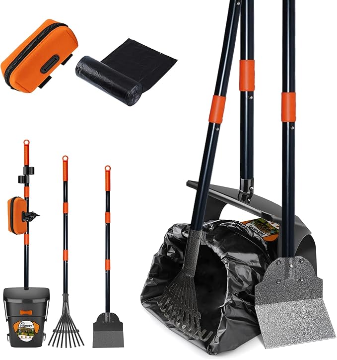 Dog Pooper Scooper with Bags & Dispenser - 37.4" Long Durable Metal Handle Swivel Bin & Rake & Spade Kit, Large Capacity Portable Pooper Scooper for Yards，Easy to Assemble-Mewly Pet
