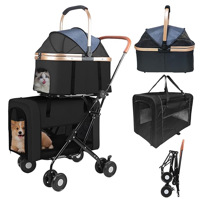 Double Pet Stroller for 2 Dogs or Cats, Folding Dog Stroller with 2 Detachable Carrier Bags, Safety Belt, 4 Lockable Wheels, Separate Compartments, for Multi-Pet Homes (Black)-Mewly Pet