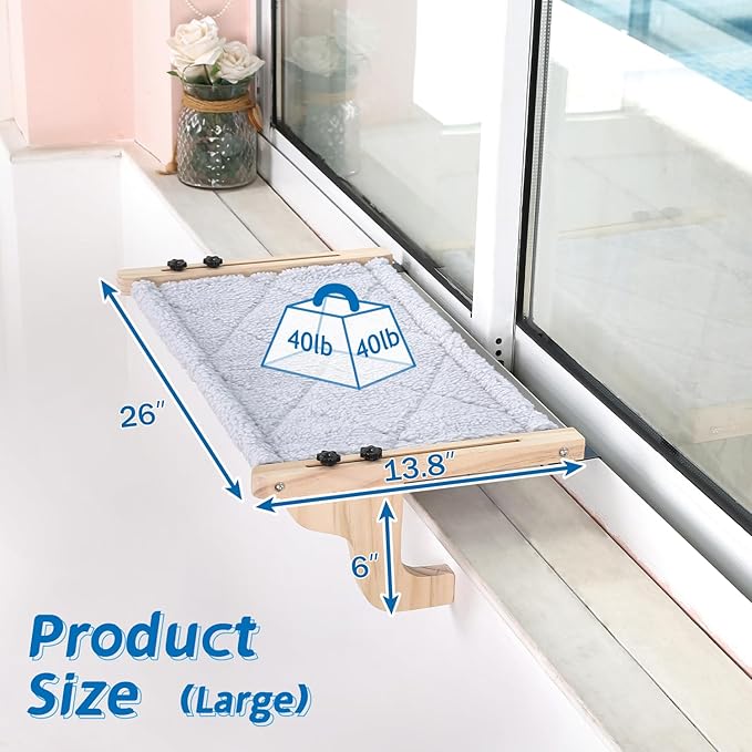 Easy Seat Cat Perch for Window Sill - Hammock Design w/Pine Wood & Robust Metal Frame - Cat Window Seat for Large Cats and Kittens (Natural Color Wood w/Gray Bed, Large (26''W x 14''D))-Mewly Pet