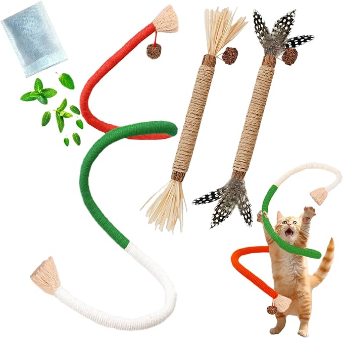Cat Toys, 3PCS Catnip Toy for Indoor Kitten Treat Cats Chew Stick for Dental Cleaning Teeth Kitten Silvervine Rope Kitty Feather Snack for for Kick Molar Scratch Self Play Interactive Boredom-Mewly Pet