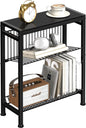 Narrow Side Table for Small Space, 3-Tier End Table with Magazine Holder, Slim Nightstand with Wire Shelf, Skinny Bedside Table in Living Room, Bedroom, Study, Kitchen and Balcony (Black)