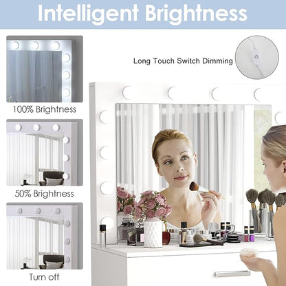 Vanity Table Set with Lighted Mirror - Makeup Vanity with Lights, Adjustable Brightness, Large Drawer Sturdy Wood Vanity, White 80x40x140cm
