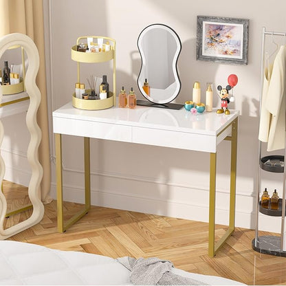 GreenForest Vanity Desk with 2 Drawers,39 inch White Desk with Glossy Desktop Easy Clean,Makeup Dressing Table with Metal Gold Legs for Home Office Small Spaces,Bedroom