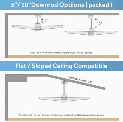 Sofucor Ceiling Fan with Lights, 60 Inch Low Profile Flush Mount Mordern Wood Ceiling Fan with Remote for Indoor Farmhouse Bedroom Living Room Outdoor Patio Porch, Reversible DC Motor, Noiseless