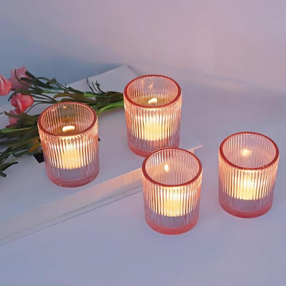 VOHO Pink Candle Holder Set of 12, Ribbed Votive Candle Holders for Pink Room Decor, Tealight Candle Holder Romantic Gifts for Valentine Christmas Decorations(2.1'' x 2.6'')