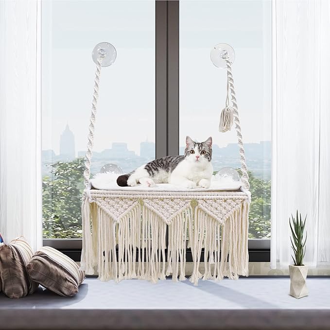 Cat Window Perch Macrame Cat Hammock Boho Wall Mounted Pet Resting Seat Bed for Sunbathing, Napping & Overlooking with 4 Seat Suction Cups & Fleece Blanket & Knitted Ball Toy - Weighted up to 35lbs.-Mewly Pet