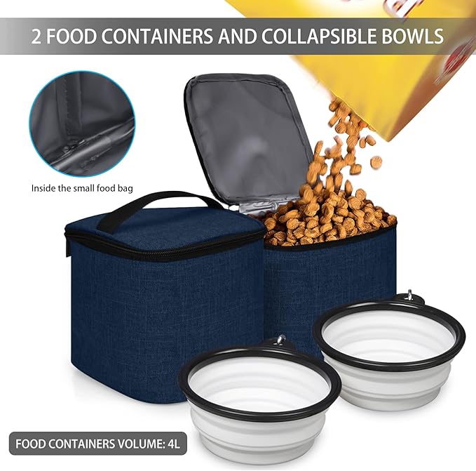 BAGLHER Pet Travel Bag, Double-Layer Pet Supplies Backpack (for All Pet Travel Supplies), Pet Travel Backpack with 2 Silicone Collapsible Bowls and 2 Food Baskets Dark Blue-Mewly Pet