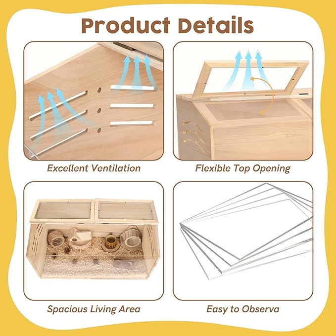 Snowtaros Wooden Hamster Cage, Large Hamster Cages and Habitats Chewproof, with 2 Openable Acrylic Top, Small Animal Cage for Mouse Gerbil Quail Dwarf Syrian Hamsters (31.5" L*15.7" W*15.7" H)-Mewly Pet
