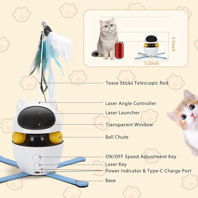 Nobleza 3-in-1 Cat Laser Toy with Feather Trackball, Rechargeable Pet Interactive Pointer Red Light Game, 3 Modes Random Trajectory Motion Activated Boredom Buster for Cat Self Play Home Indoor-Mewly Pet
