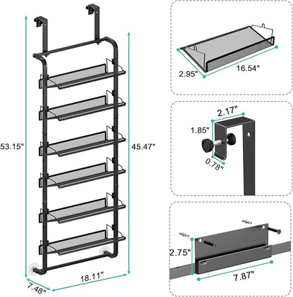 bukfen Over The Door Shoe Organizer,6-Tier Adjustable Door-Mounted/Wall-Mounted Shoe Rack,Heavy-Duty Metal Storage for Closet Door,Black,1 Pack