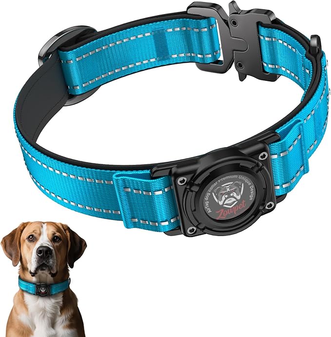 2025 Upgrade Airtag Dog Collar, Reflective Dog Collar with Airtag Holder, IP68 Waterproof| Metal Buckle| Ultra-Durable| Comfortable Padded, GPS Dog Collars for Medium Large Dogs (Blue,L)-Mewly Pet