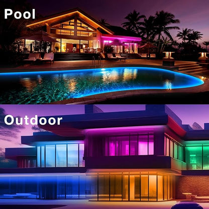 Outdoor LED Strip Lights Waterproof 100ft, IP67 Waterproof LED Light Strips with Remote, Music Sync APP Control, RGB Color Changing LED Lights for Eaves, Roof, Pool, Patio, Outdoor Decorations