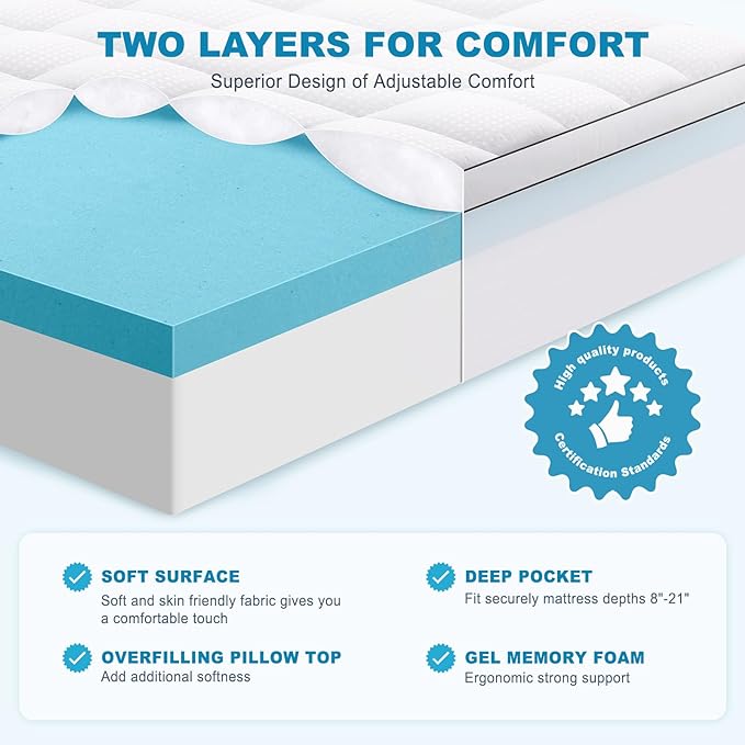 MASVIS Full Size Dual Layer 4 Inch Memory Foam Mattress Topper, 2 Inch Gel Memory Foam and 2 Inch Cooling Pillow Top Mattress Pad Cover for Back Pain, Medium Support