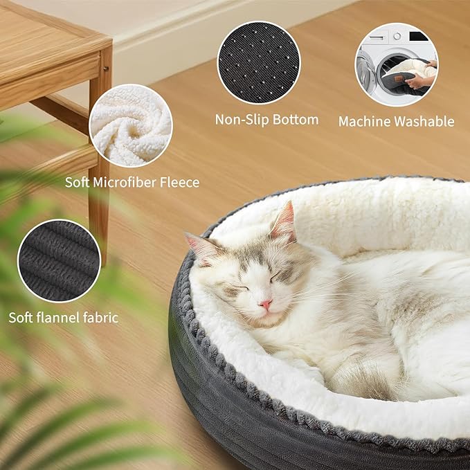 20in Washable Cat Beds for Indoor Cats - Round Donut Pet Bed for Cats, Small Dogs, Puppy, Kitten - Anti-Slip Bottom, Calming Bed Gift - Dark Grey-Mewly Pet