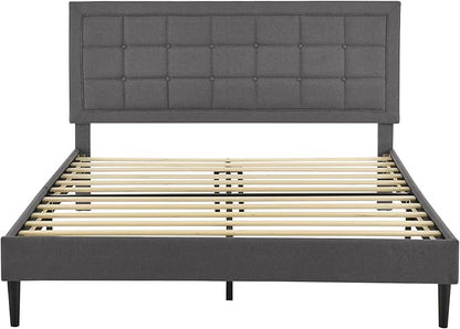 Decoro Mornington Upholstered 2.0 Platform Bed, Button-Tufted Fabric Headboard and Metal Frame with Wood Slat Support, Light Grey, King