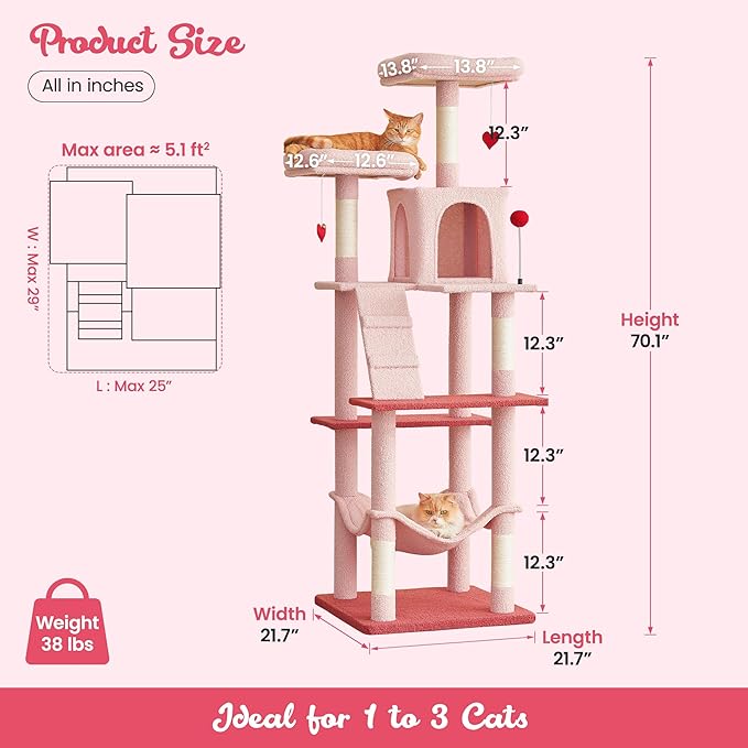MWPO Cute Cat Tree, 70.1-Inch Tall Pink Cat Tower for Indoor Cats Large Adult, Multi-Level Cat Condo with 5 Scratching Posts, 2 Padded Perches, Hammock, Dangling Toys-Mewly Pet