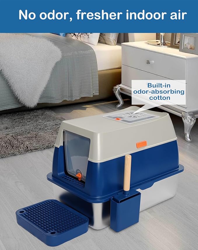 XL Stainless Steel Enclosed Litter Box with Covered for Indoor Cats, High Sides, Eliminates Odors, Easy Clean, Blue, FOXORU-Mewly Pet
