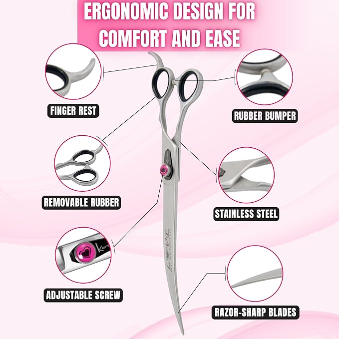 Kenchii Love Dog Grooming Scissors, 9 Inch Curved Shears, Dog Scissors for Grooming, Professional Pet Grooming Scissors-Mewly Pet