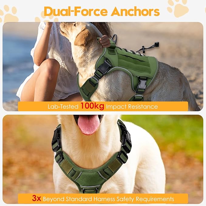 Heavy-Duty Tactical Dog Harness for Large Dogs, No Pull Adjustable Reflective Pet Vest with Molle System, K9 Military-Grade Control for Service Training, Outdoor & 10+ Breeds, Green, XX-Large-Mewly Pet