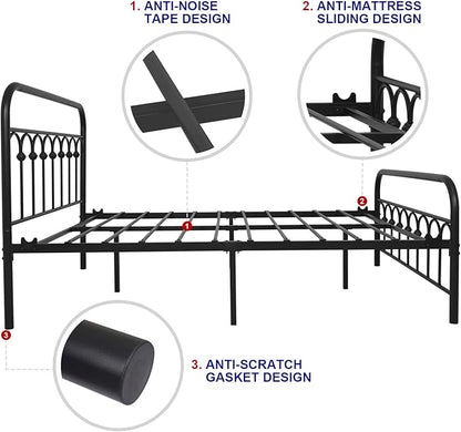 TUSEER Metal Bed Frame Full Size with Vintage Headboard and Footboard Platform Base Wrought Iron (Black)