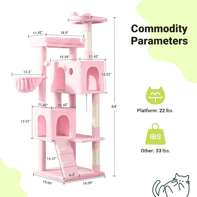 Allewie 64 Inches Cat Tree Tower/Multi-Level Activity Center for Indoor Big Felines/2 Plush Condos/2 Perchs/Basket/House/Sisal Scratching Posts/Hanging Cat Toys/Pink-Mewly Pet