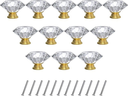 12-Pack Crystal Glass Cabinet Knobs for Home Decor, Vanity Drawers, Desks, Wardrobe Doors, Standard Screws Easy Installation for Home Refurbishment and Redecoration (Clear Crystal, 30mm, Gold Base)