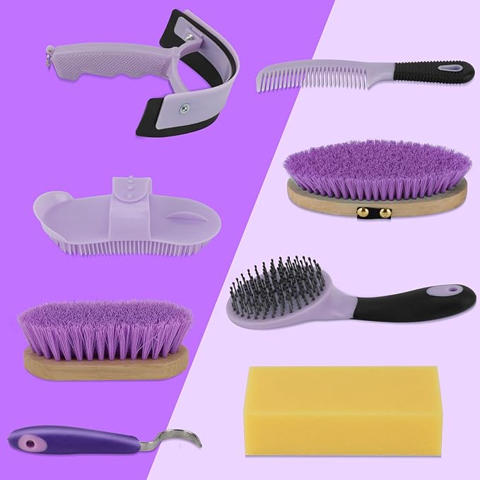 9 Pieces Grooming Kit with Tote Bag, Sweat Scraper, Sponge, Hoof Pick, Curry Comb for Horse Riders Beginners (Purple)-Mewly Pet