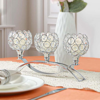 Crystal Tealight Candle Holder Centerpiece Home Decorative Candlestick Holder Elegant Table Centerpiece Home Decor Wedding Party Anniversary (Silver, 3 Arm of 4 Pcs)
