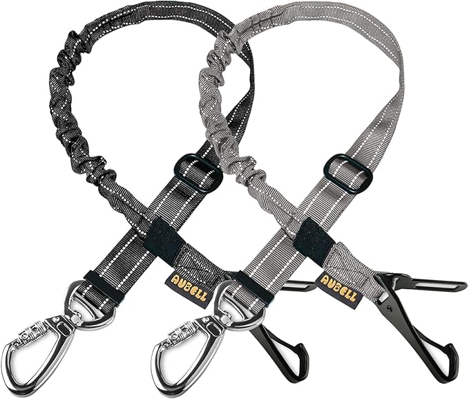 AUBELL Dog Seat Belt for Car,2 Pack Set 3-in-1 Adjustable Reflective Bungee Heavy Duty Dog Car Harness Tether with Clip Hook Latch & Buckle,Swivel Zinc Alloy Carabiner,Black+Grey-Mewly Pet