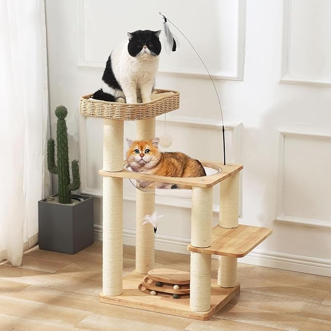 34 Inch Solid Wood Cat Tree Tower with Space Capsule, Hand-Woven Basket Nest, Feather Toy, Hanging Balls, Sisal Posts, 4-Tier Indoor Climbing Cat Tower for Kittens-Mewly Pet