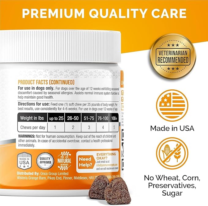PREMIUM CARE Itch Relief for Dogs - 120 Allergy Chews for Dogs - Anti Itch Seasonal Support for Pets Itchy Skin Relief Skin Health Support with Colostrum, Vitamin C, Omega and Bee Pollen-Mewly Pet